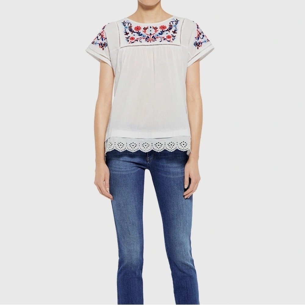 Rebecca Taylor White Blouse with Red and Blue Embroidery